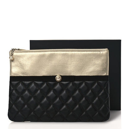 Chanel Metallic Goatskin Lambskin Grosgrain Pearl CC Medium Cosmetic Case Black Gold 10 of 10