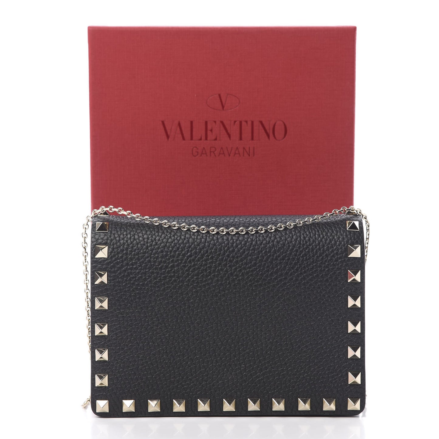 Pebbled Calfskin Rockstud Wallet on Chain Black