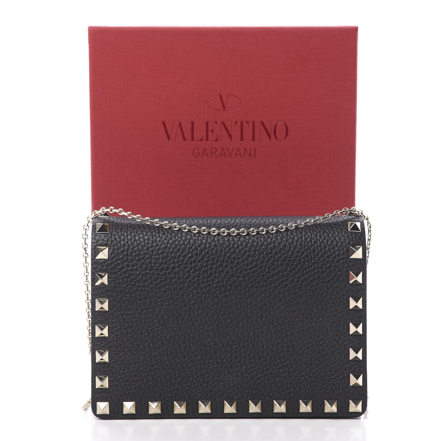 Valentino Garavani Pebbled Calfskin Rockstud Wallet on Chain Black 11 of 11