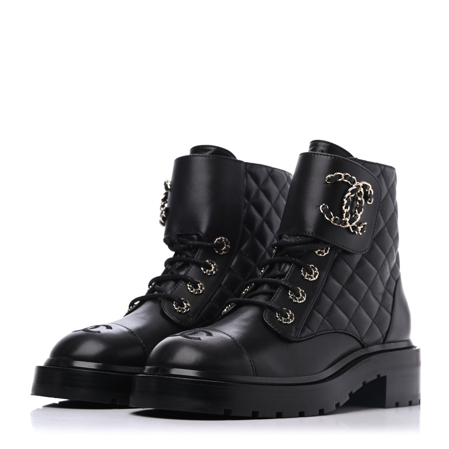 Shiny Lambskin Quilted Lace Up Combat Boots 38 Black
