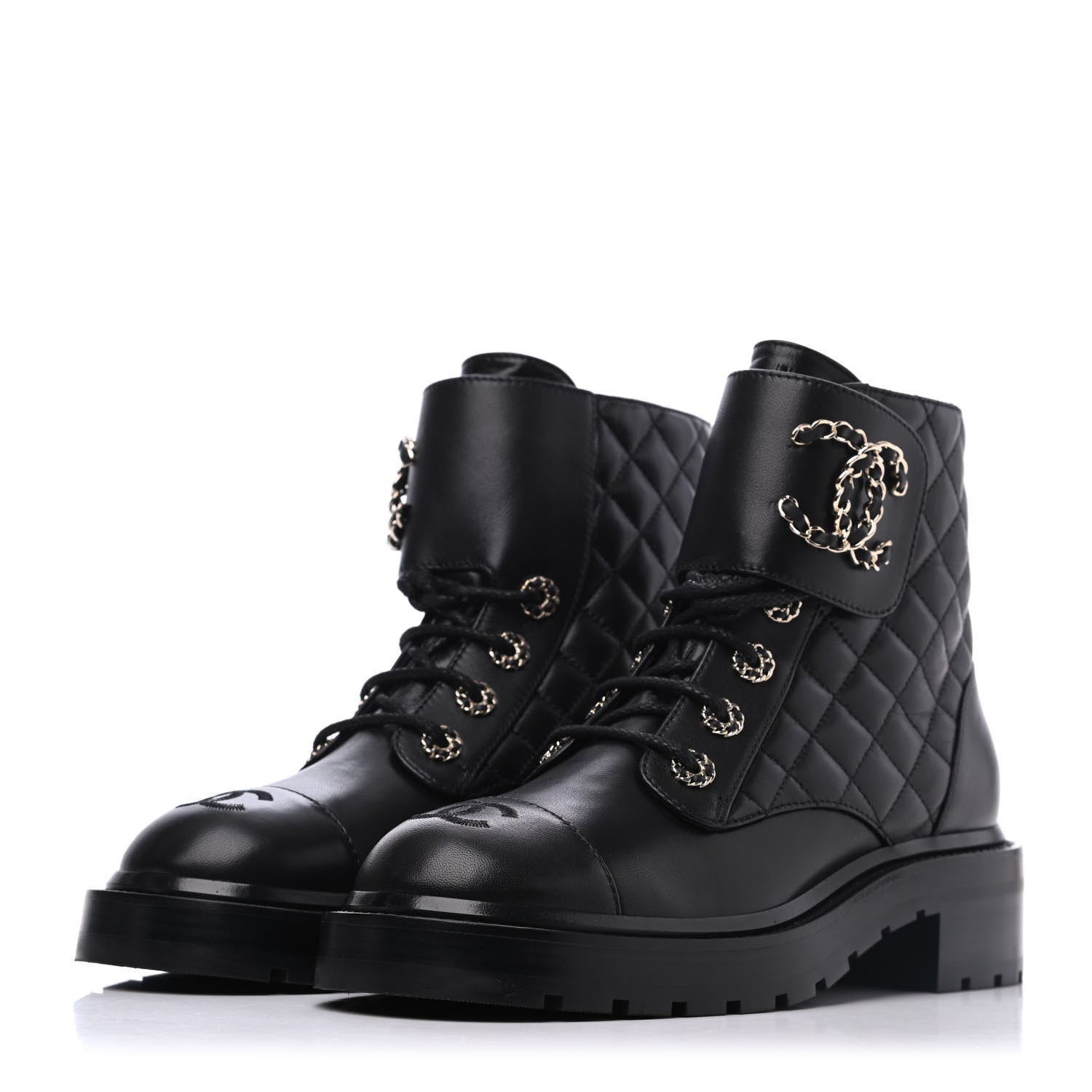 Chanel Shiny Lambskin Quilted Lace Up Combat Boots 38 Black 3 of 9