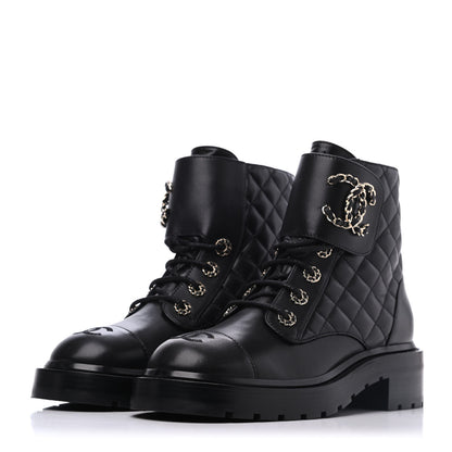 Chanel Shiny Lambskin Quilted Lace Up Combat Boots 38 Black 3 of 9