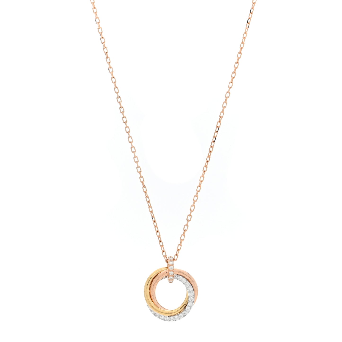 18K Pink White Yellow Gold Diamond Small Trinity Half Paved Pendant Necklace