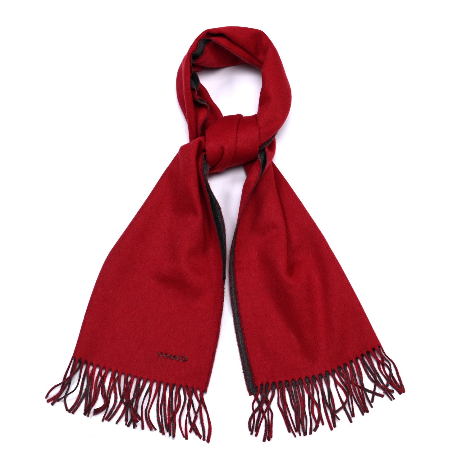 Hermes Cashmere Fringe Double Face Stole Scarf Red Grey 1 of 5