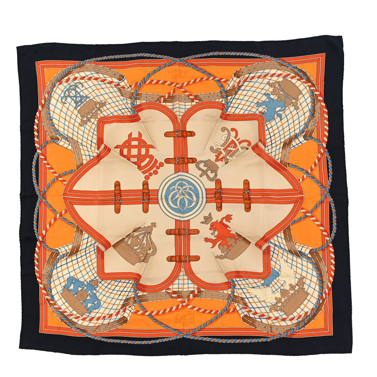 Silk Grande Tenue Scarf 90 Bleu Orange Beige