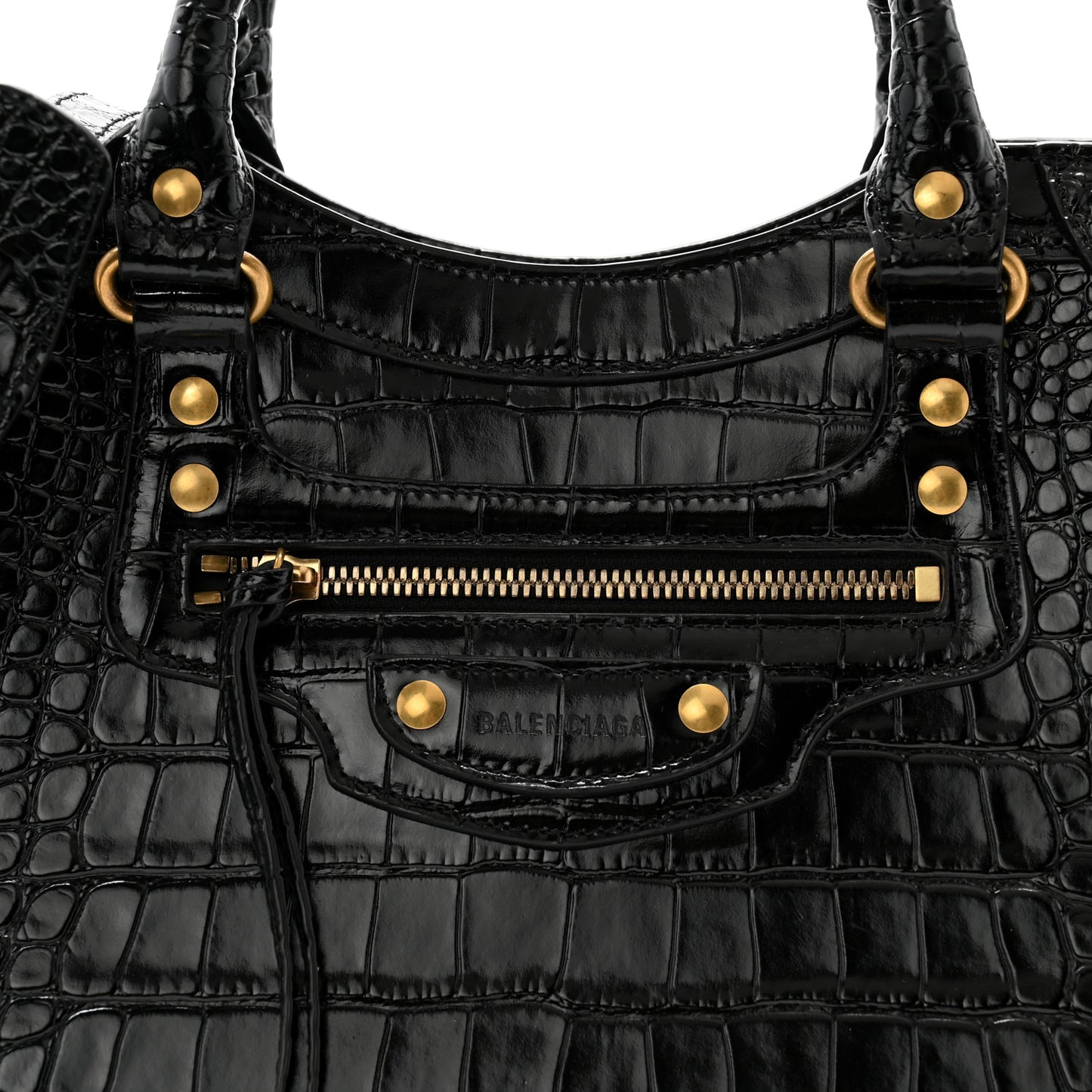 Shiny Supple Calfskin Crocodile Embossed Brass Hardware Neo Classic City Black