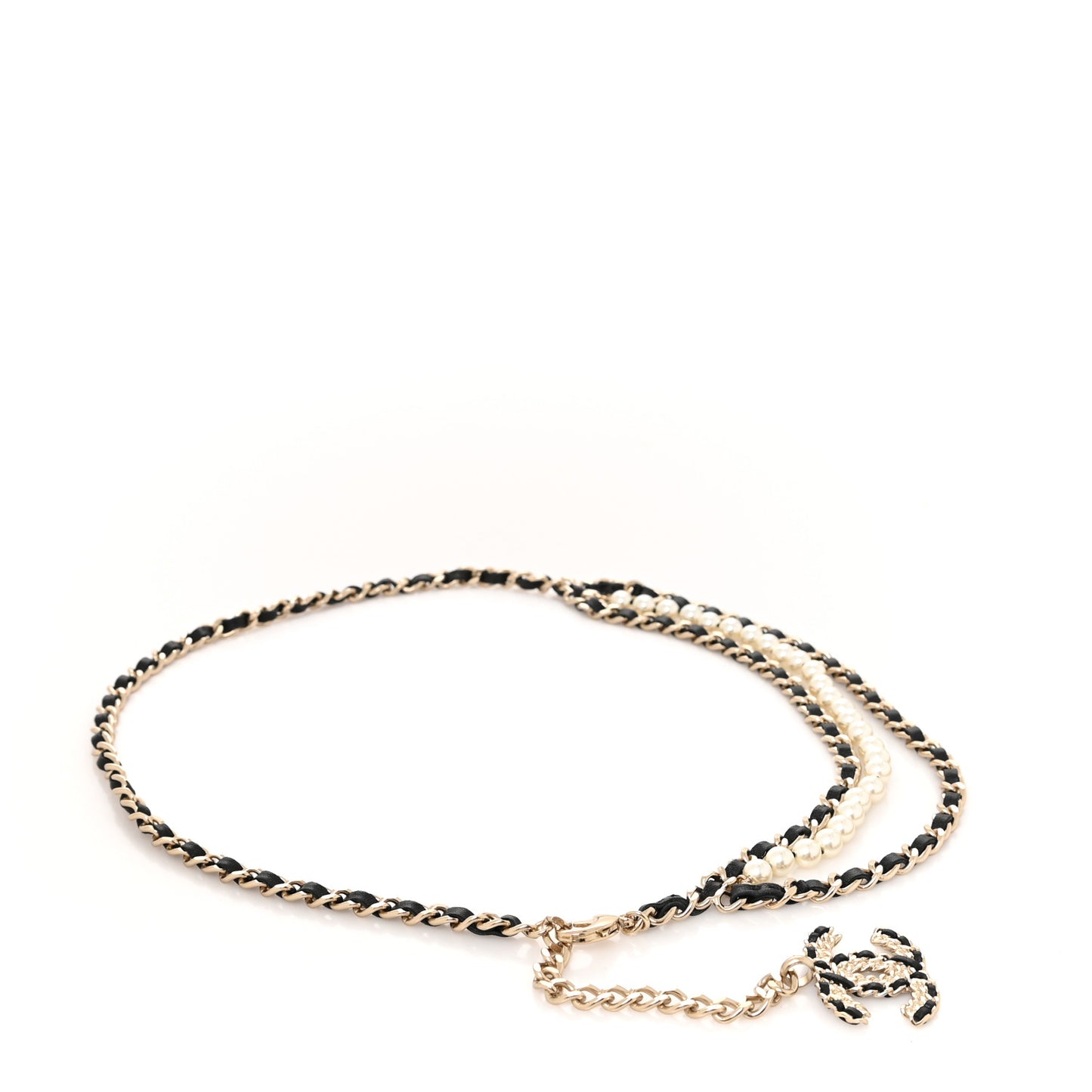 Lambskin Pearl Chain CC Fancy Belt Black Gold