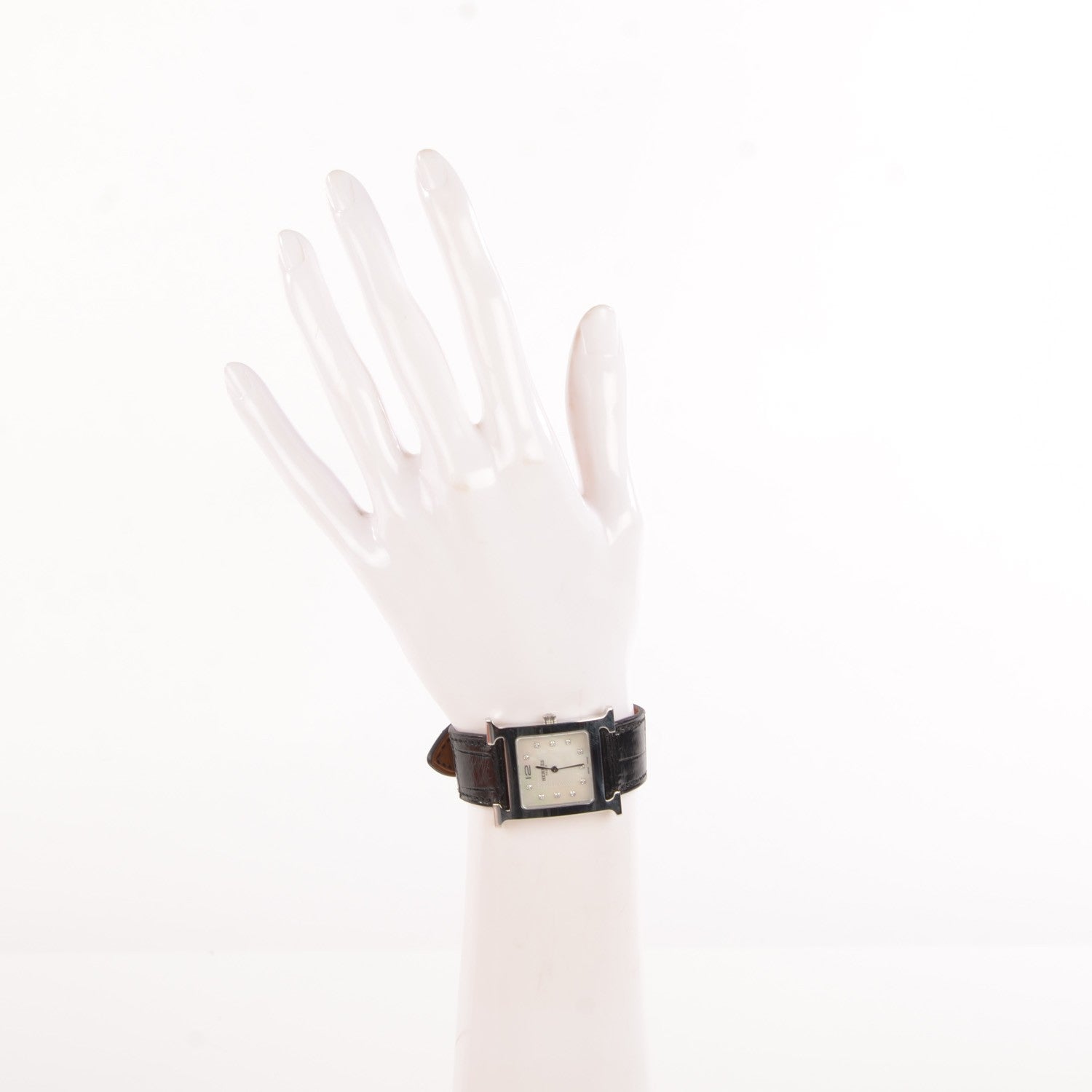 Hermes Stainless Steel Alligator Diamond Mother of Pearl 26mm Heure H Hour Quartz Watch Noir 2 of 11