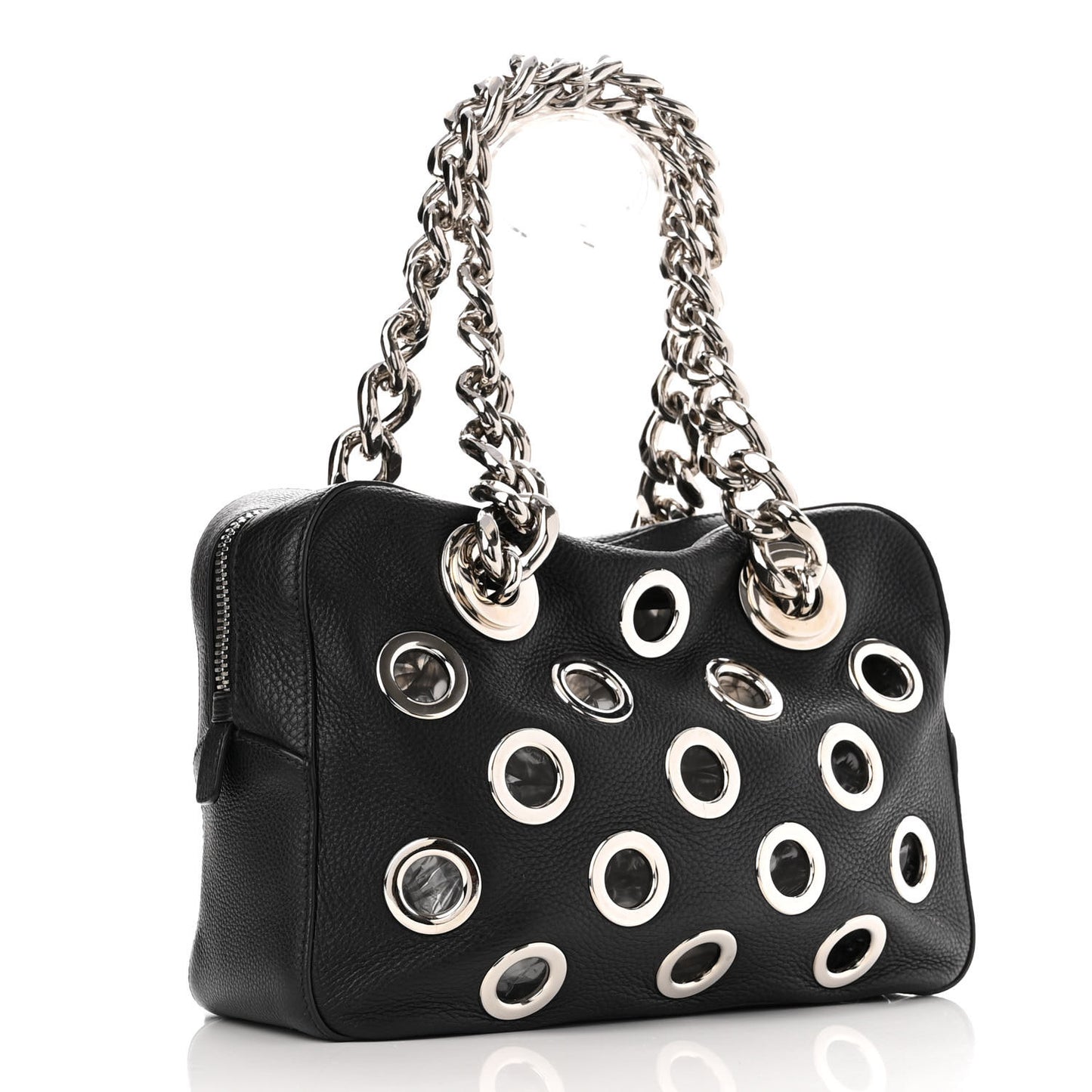 Vitello Daino Grommet Chain Satchel Bag Black