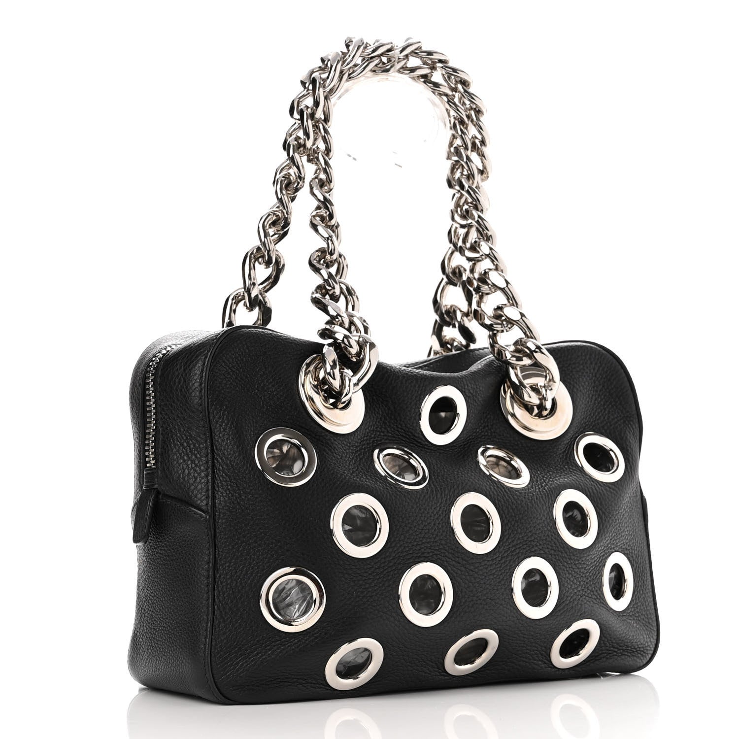 Prada Vitello Daino Grommet Chain Satchel Bag Black 3 of 11