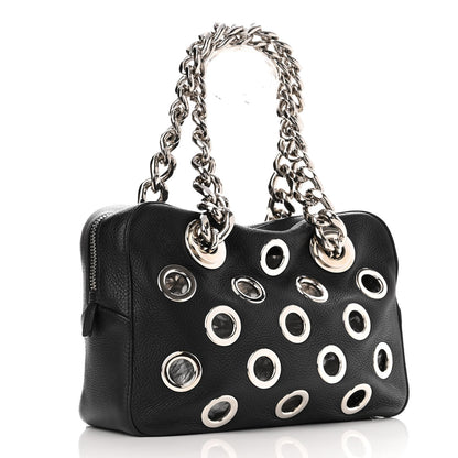 Prada Vitello Daino Grommet Chain Satchel Bag Black 3 of 11