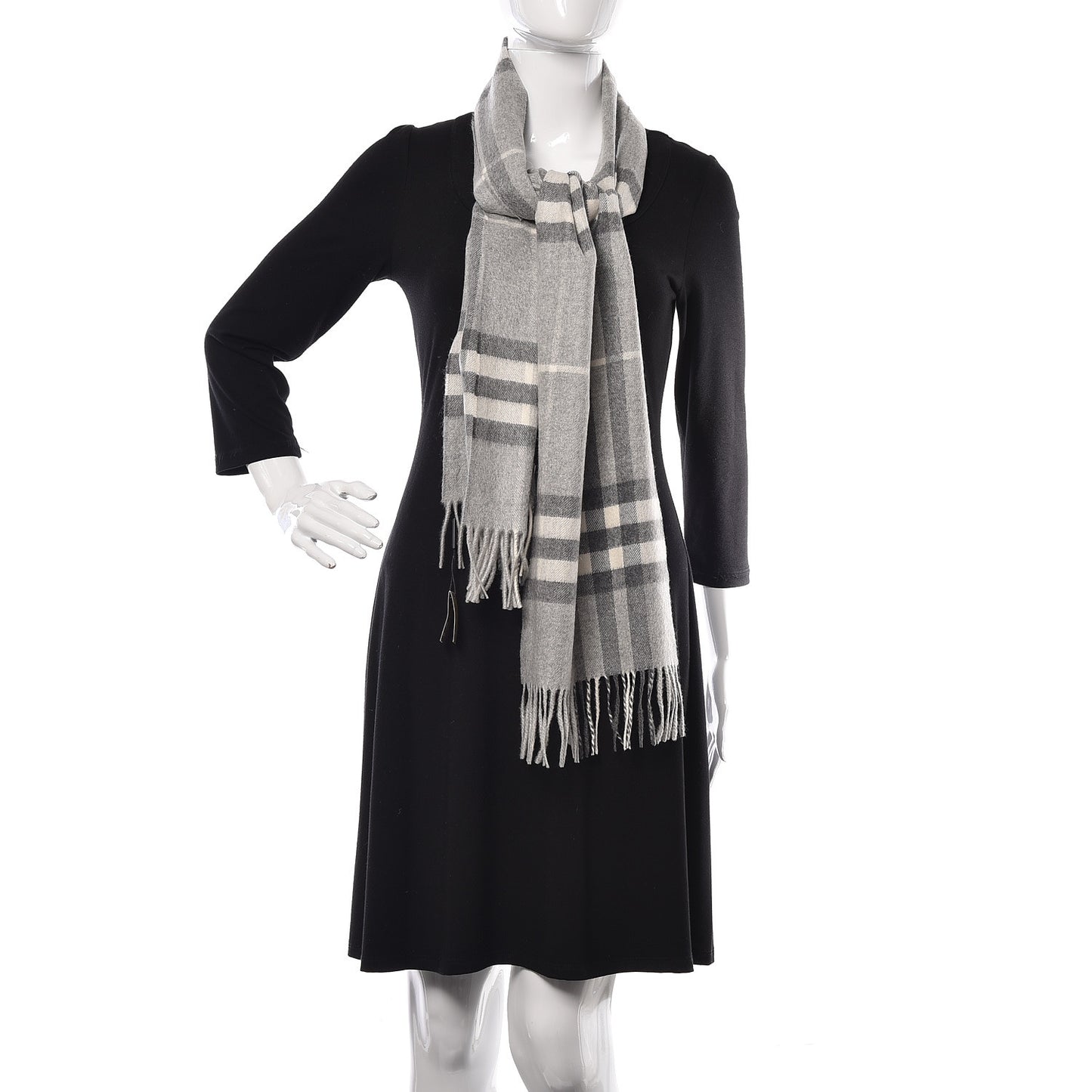 Cashmere Giant Check Fringe Scarf Pale Grey