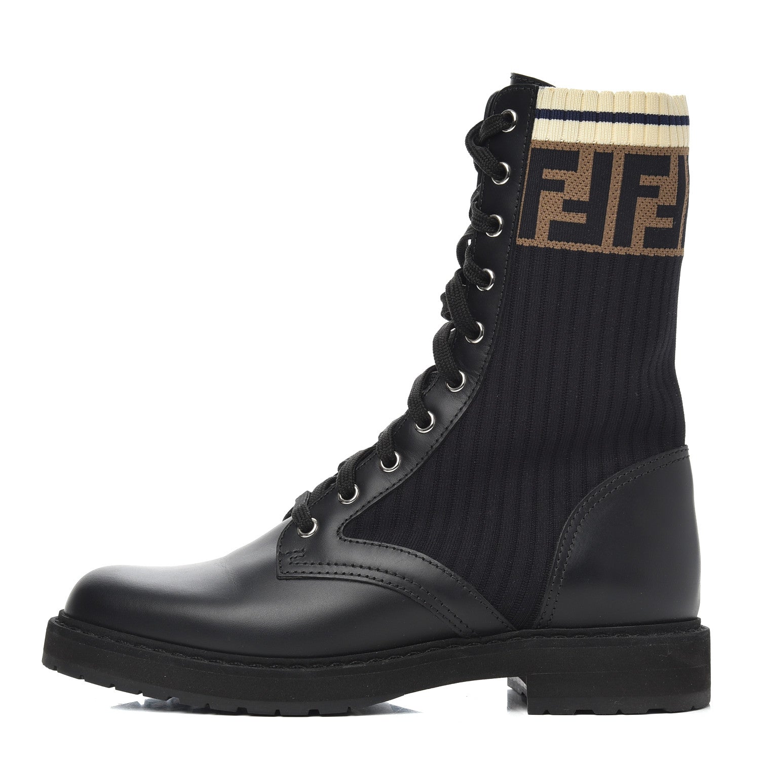 Fendi Calfskin Stretch Fabric Rockoko Biker Boots 38 Tobacco Black Marino 1 of 15