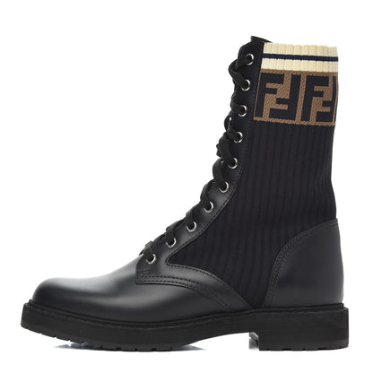 Fendi Calfskin Stretch Fabric Rockoko Biker Boots 38 Tobacco Black Marino 1 of 15