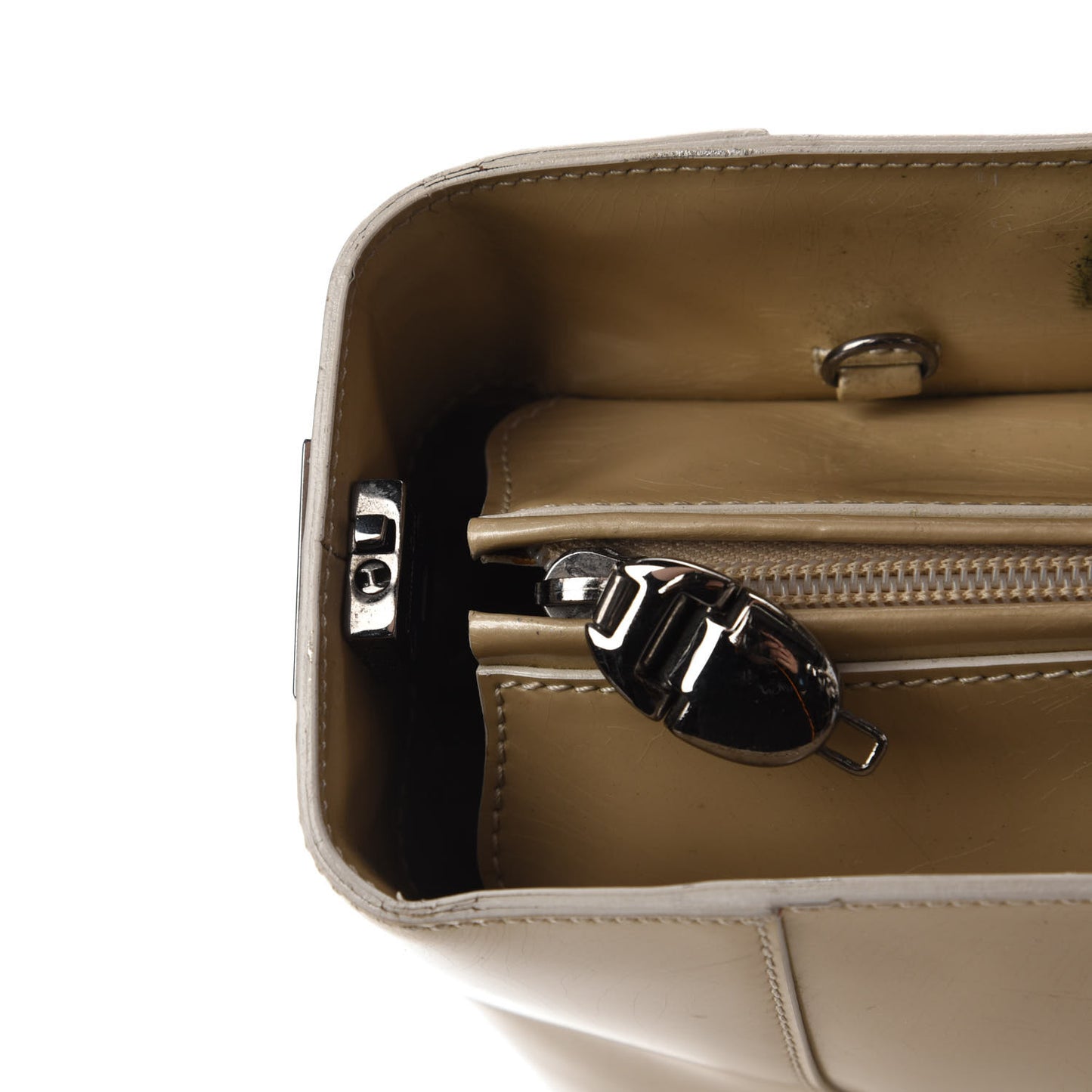Patent Chrome Beaded Malice Tote Beige