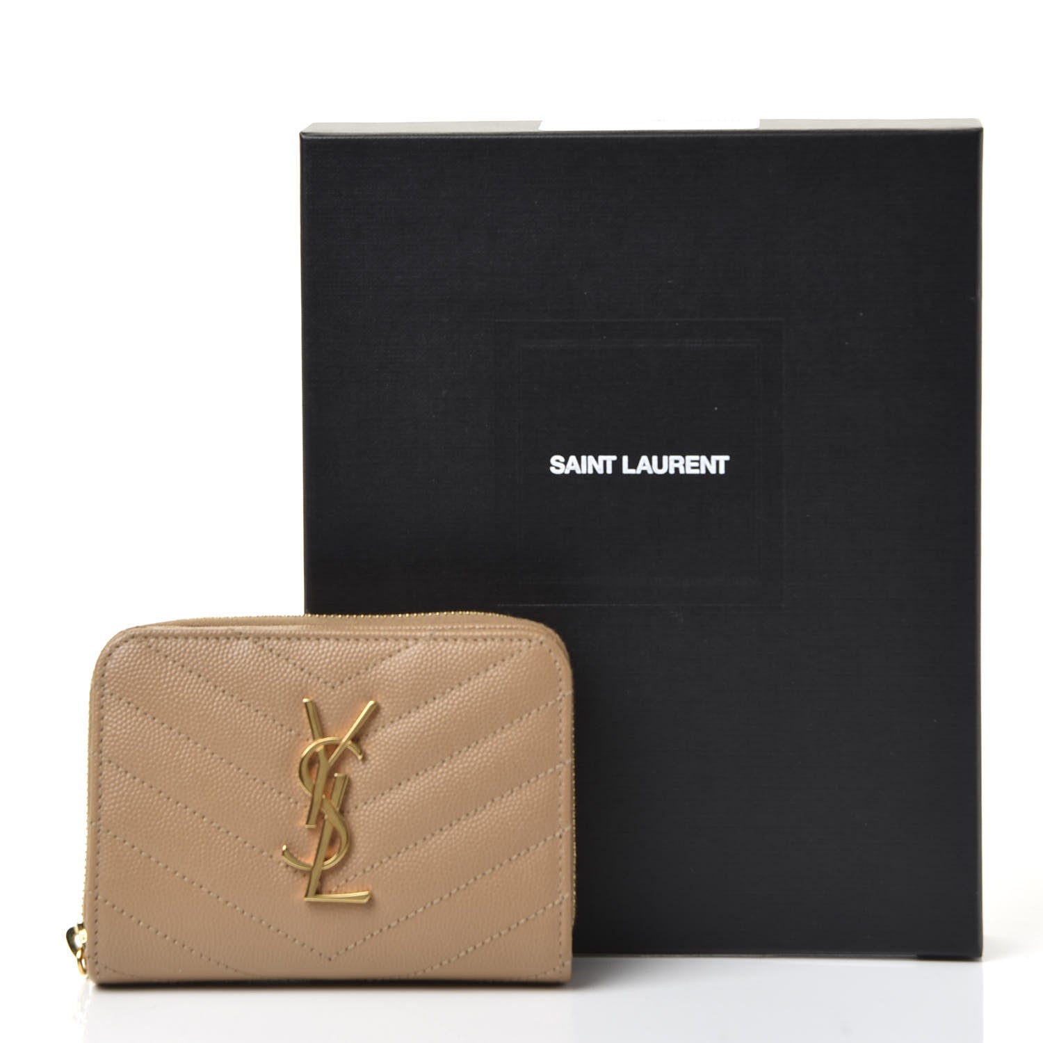 Saint Laurent Grain De Poudre Matelasse Chevron Monogram Compact Zip Around Wallet Cork 9 of 9