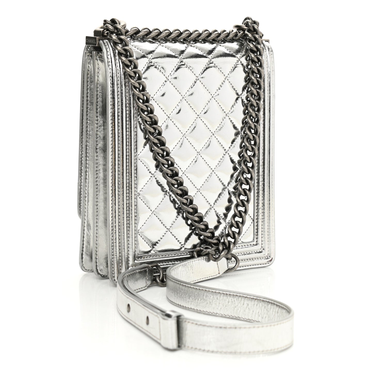 Metallic Goatskin Quilted North South Boy Flap Silver