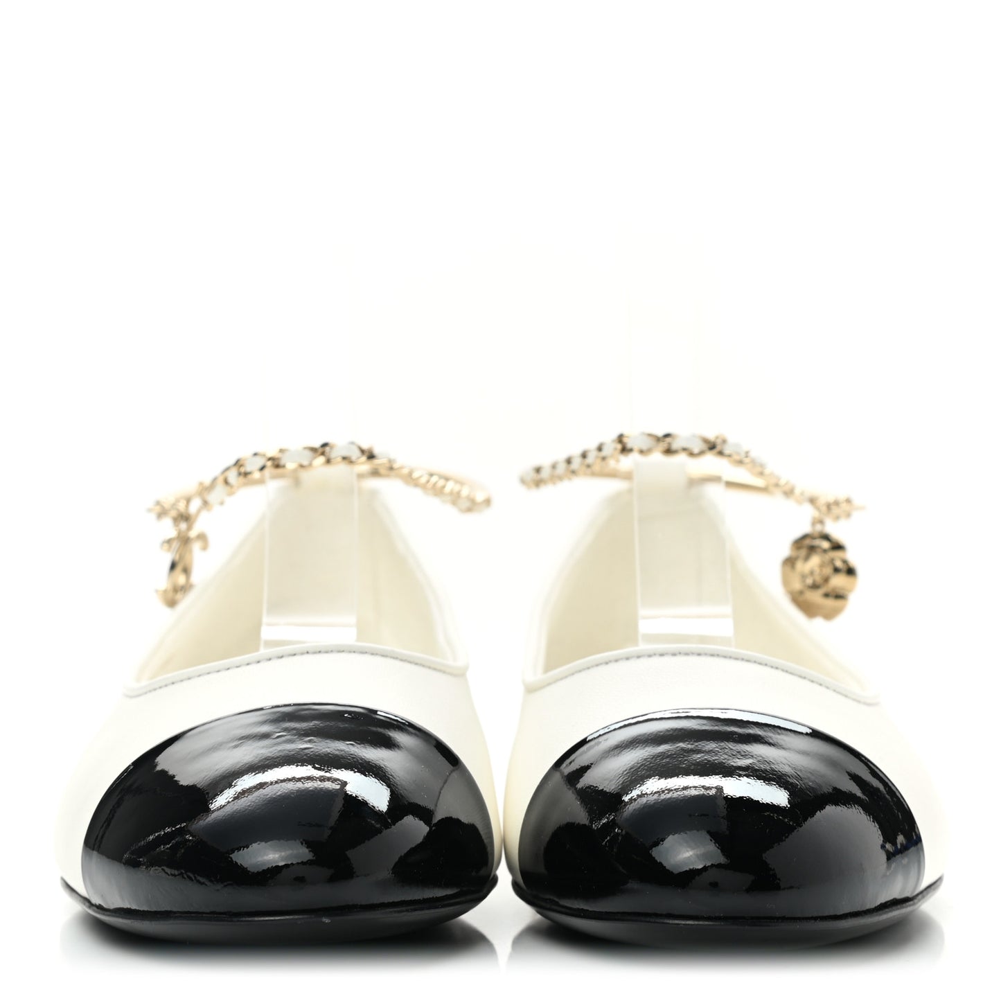 Lambskin Patent Calfskin Cap Toe Ankle Chain Ballerina Flats 39 White Black