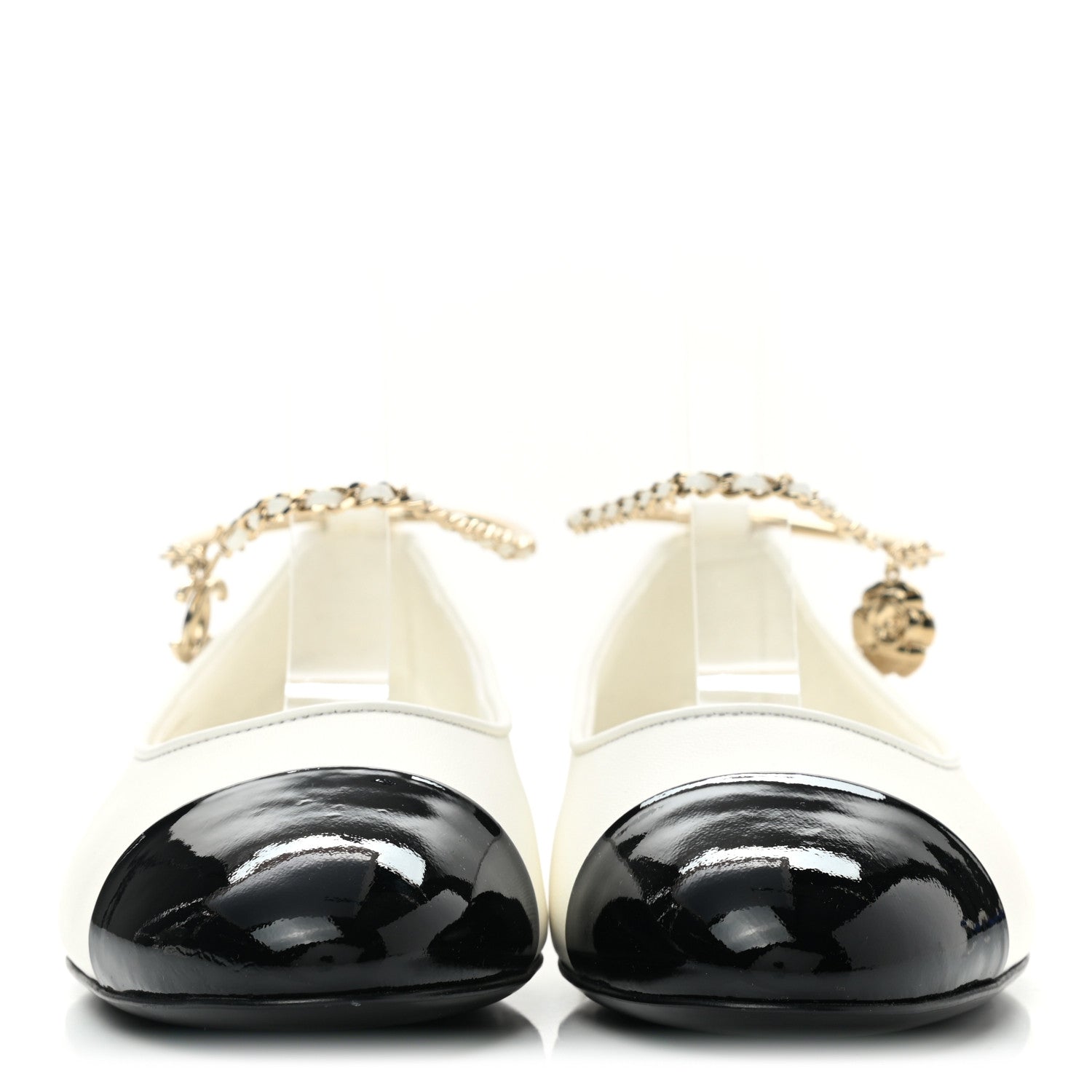Chanel Lambskin Patent Calfskin Cap Toe Ankle Chain Ballerina Flats 39 White Black 2 of 10