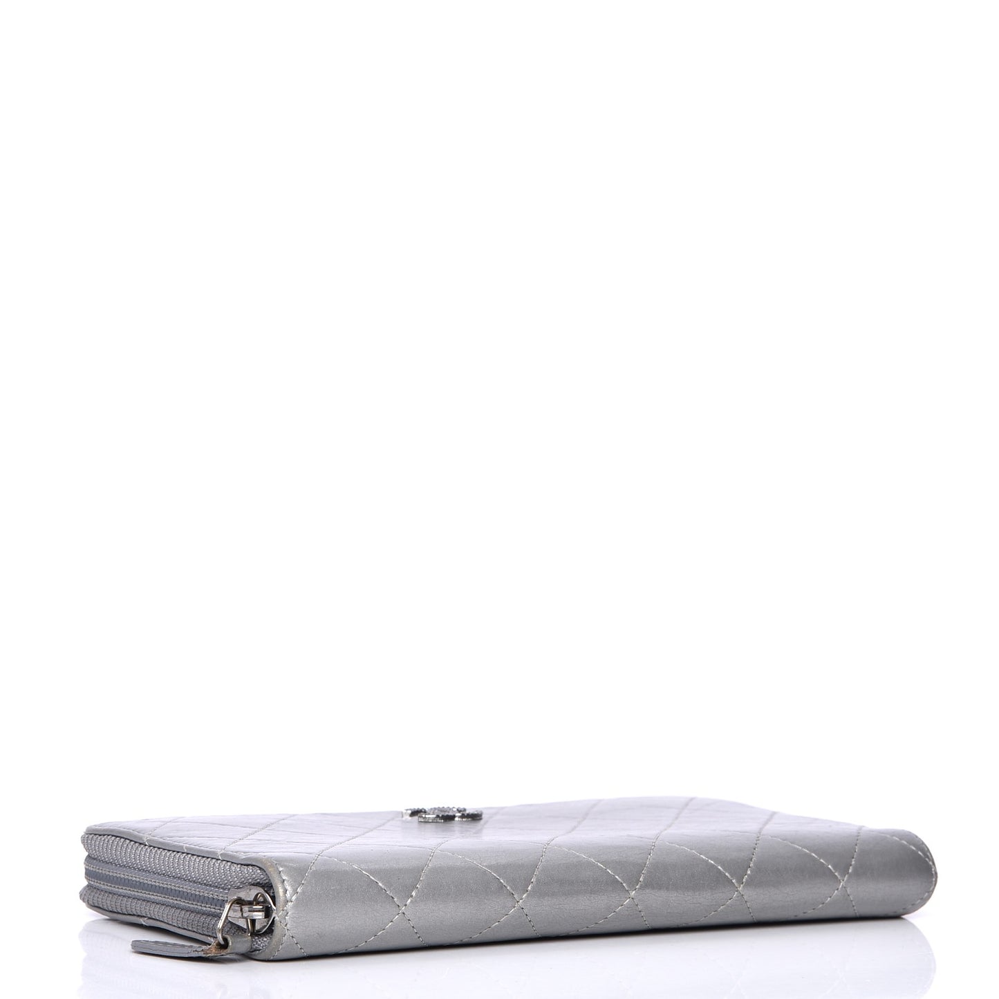Calfskin Stitched Large Zip Around Wallet Silver