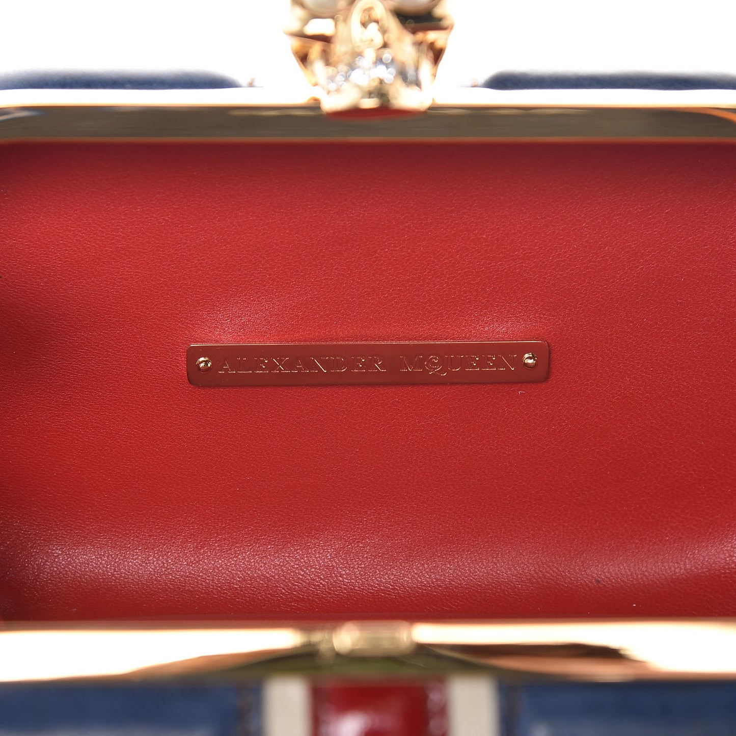 Patent Calfskin Britannia Skull Box Clutch Red Blue