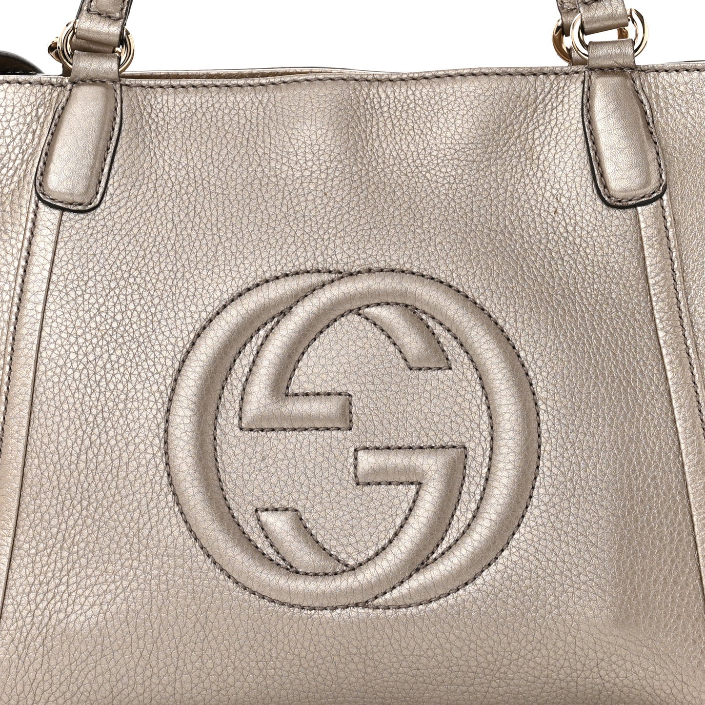 Metallic Pebbled Calfskin Small Soho Top Handle Bag Golden Beige