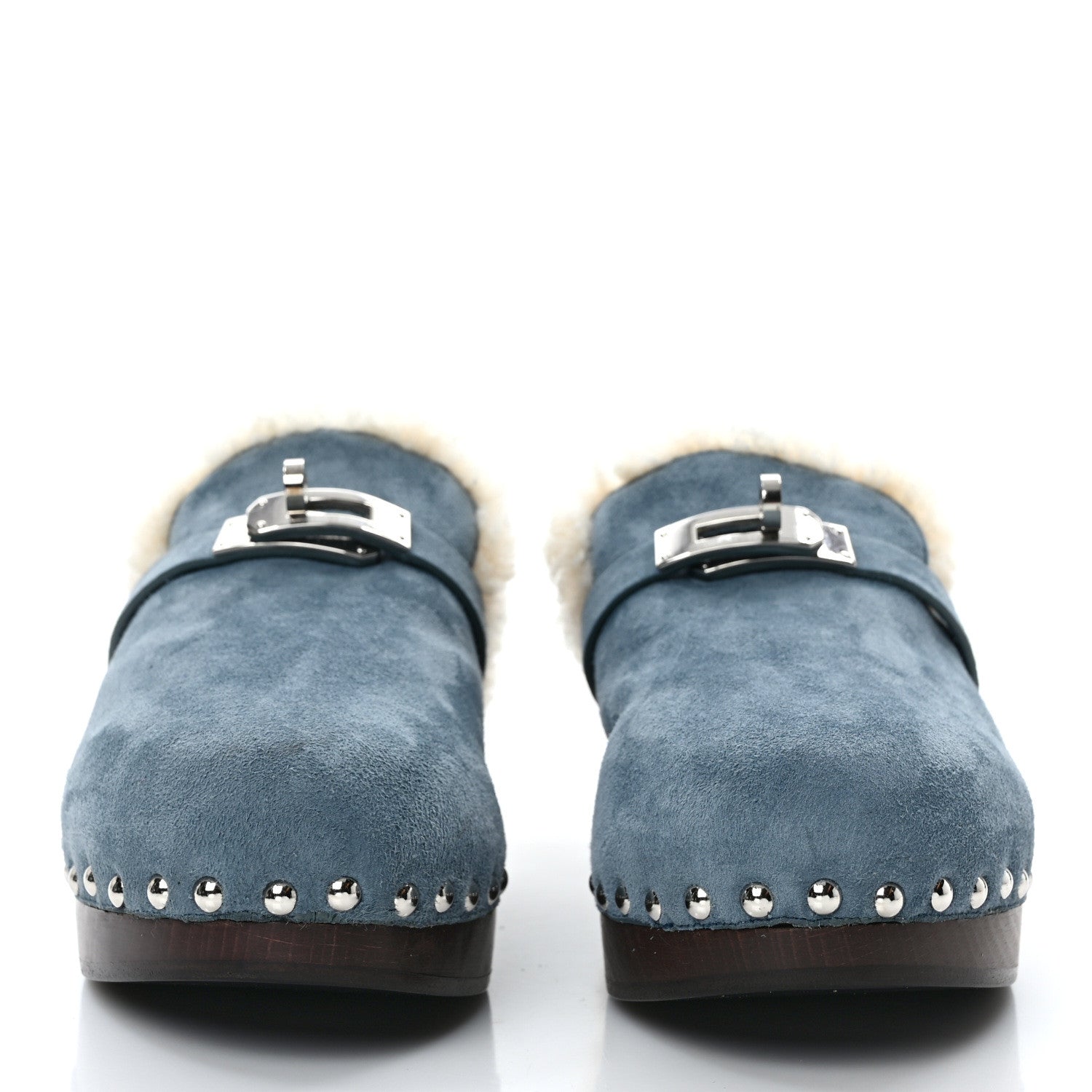 Hermes Suede Goatskin Woolskin Carlotta Mules 37 Bleu Pinede 2 of 7