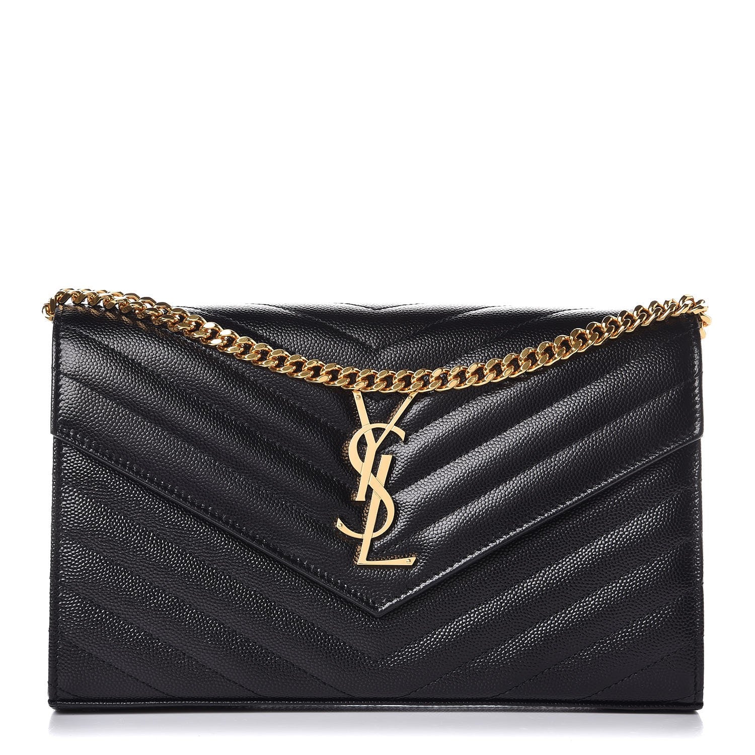 Saint Laurent Grain De Poudre Matelasse Chevron Monogram Chain Wallet Black 1 of 7