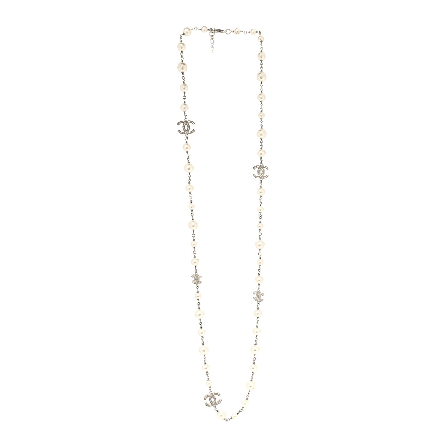 Chanel Graduated Pearl Crystal CC Long Necklace Silver 3 of 5