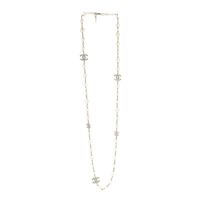 Chanel Graduated Pearl Crystal CC Long Necklace Silver 3 of 5