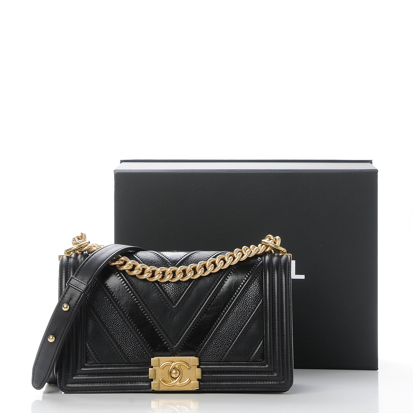 Caviar Suede Calfskin Chevron Medium Boy Flap Black