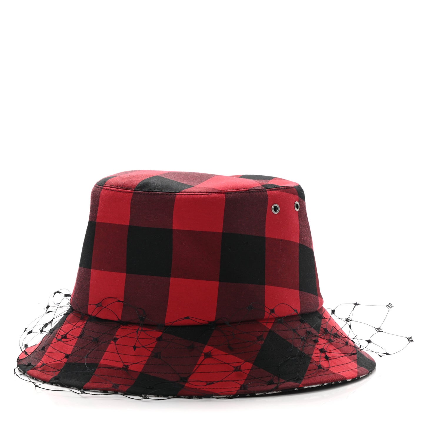 Cotton Large Brim Bucket Hat with Veil 57 Black Red