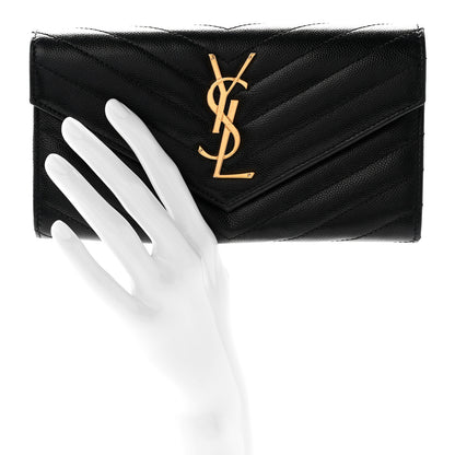 Saint Laurent Grain De Poudre Matelasse Chevron Monogram Flap Wallet Black 2 of 9