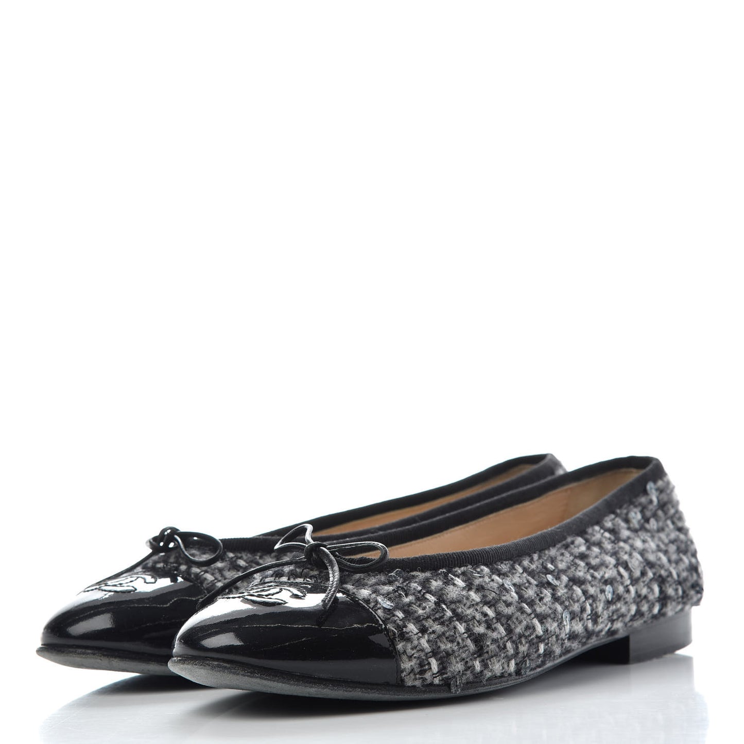 Tweed Patent Cap Toe Ballerina Flats 36.5 Grey Black White