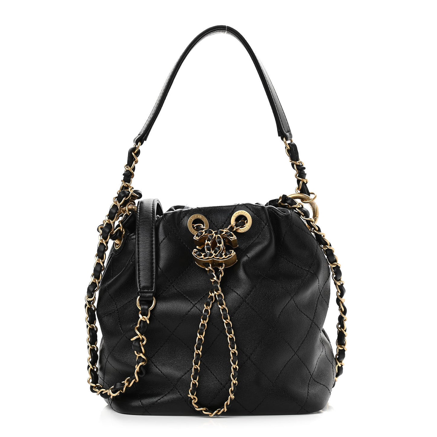 Lambskin Stitched Drawstring Bag Black