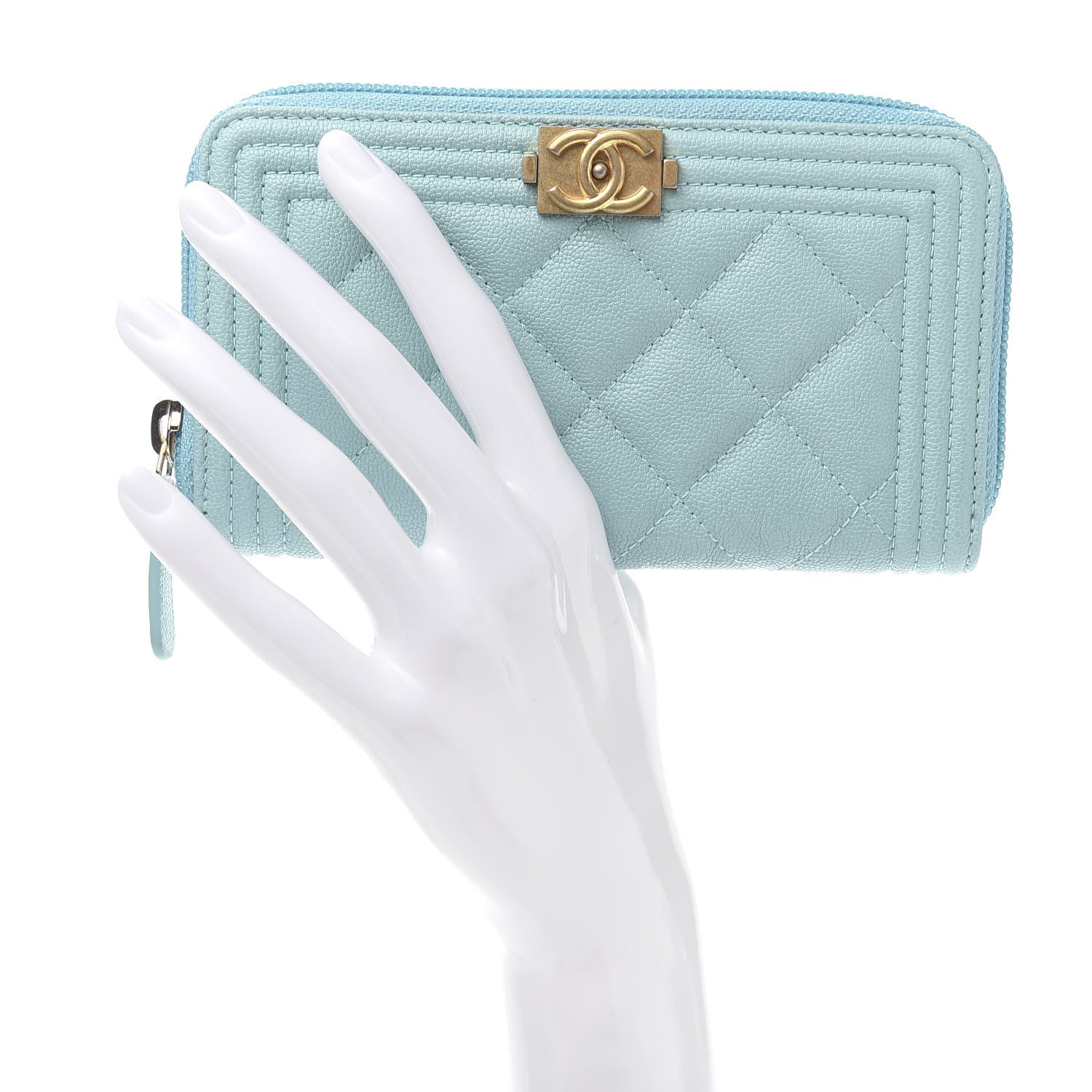 Chanel Caviar Quilted Small Boy Zip Around Wallet Light Blue 2 of 11