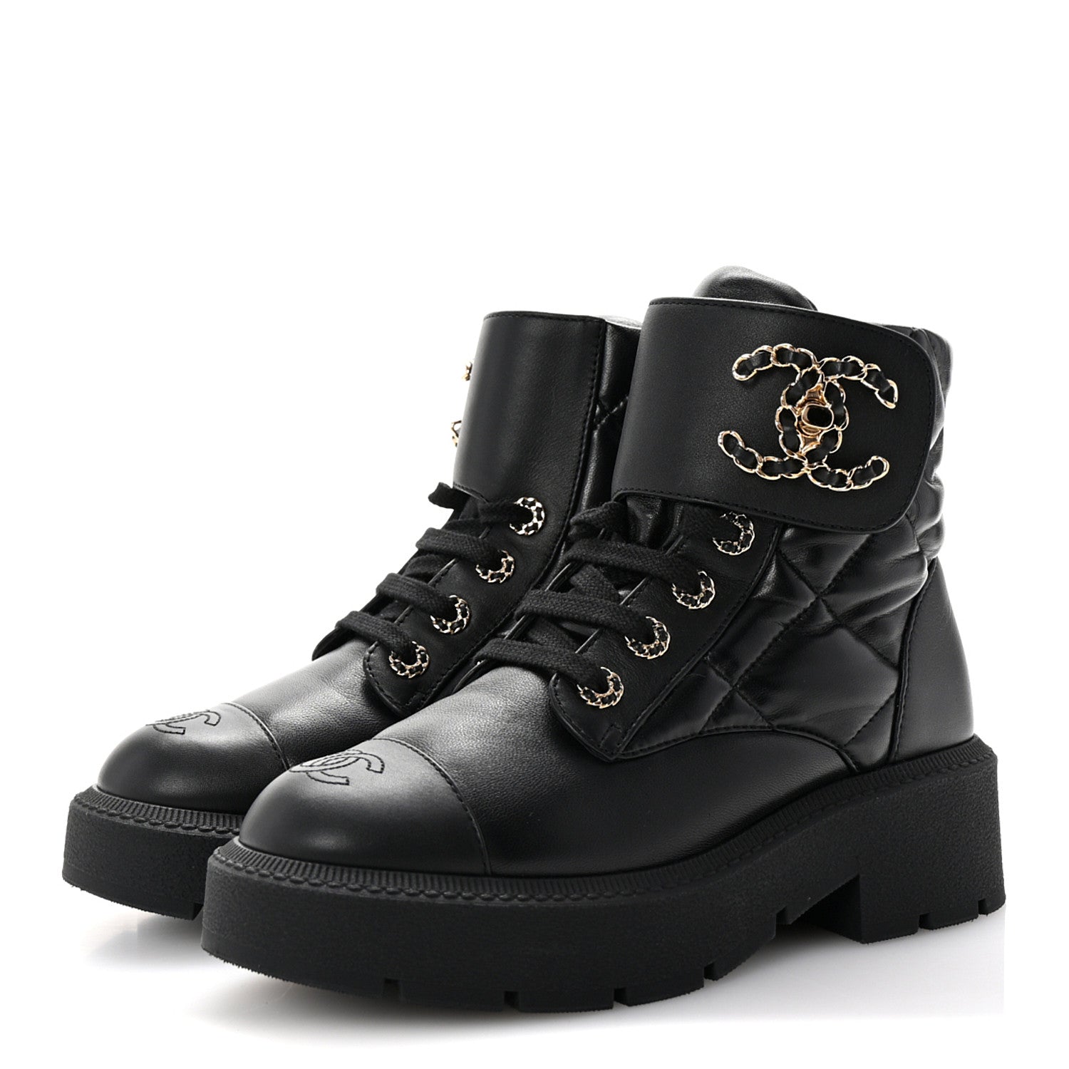 Chanel Lambskin Calfskin Quilted Lace Up Combat Boots 37 Black