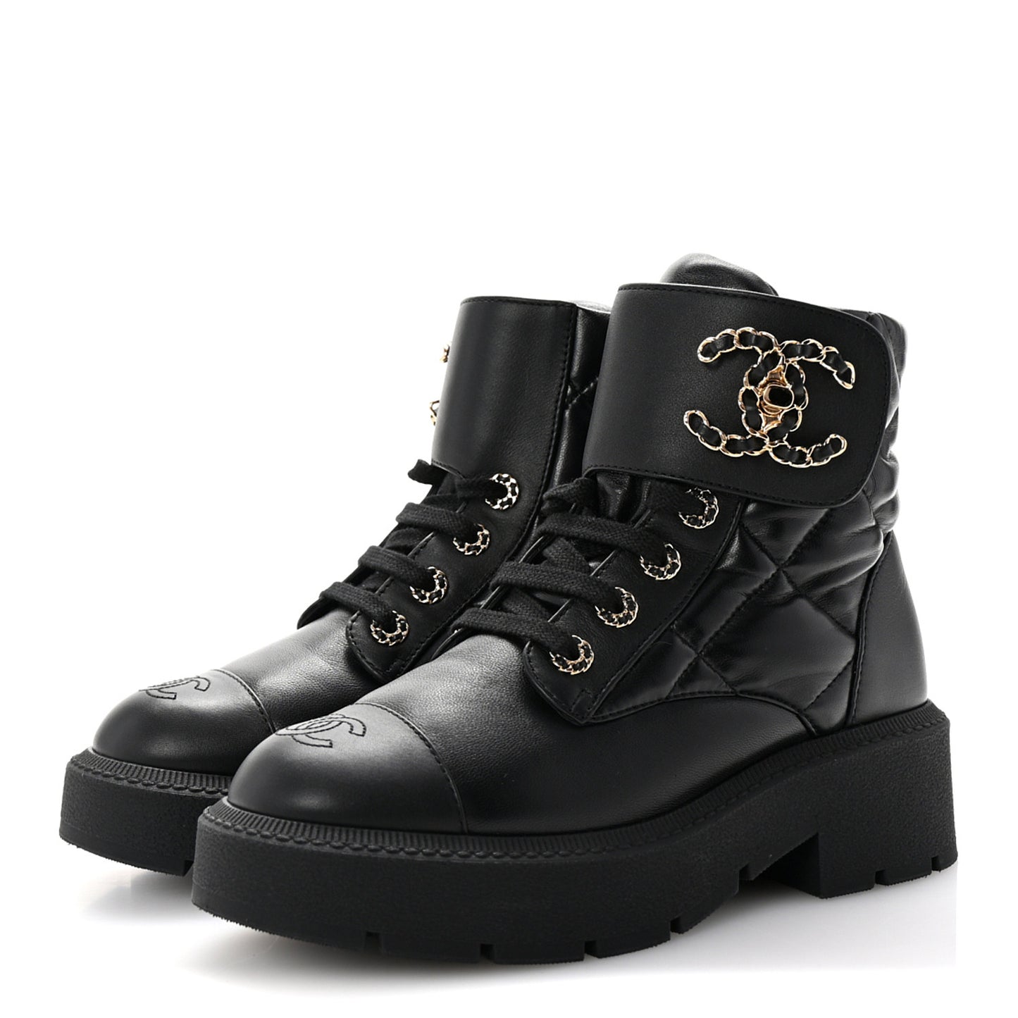 Lambskin Calfskin Quilted Lace Up Combat Boots 37 Black
