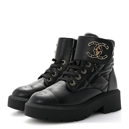 Chanel Lambskin Calfskin Quilted Lace Up Combat Boots 37 Black 4 of 10
