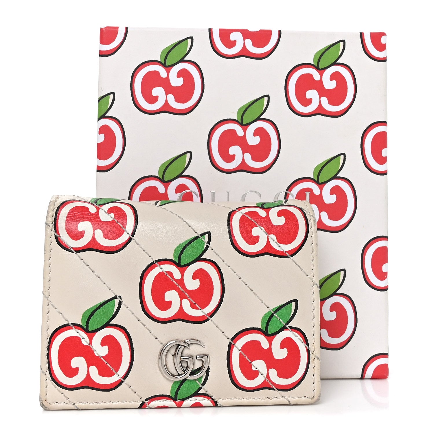 Gucci Calfskin Matelasse Diagonal GG Apple GG Marmont Card Case Wallet Ivory 10 of 10