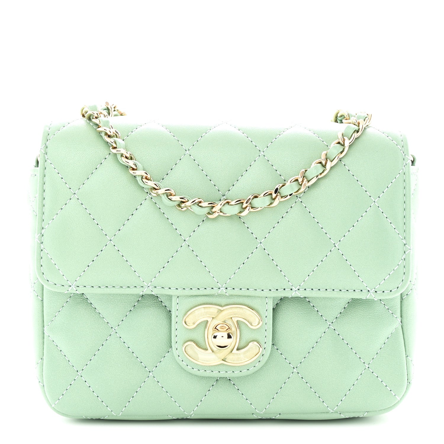 Chanel Lambskin Resin Quilted Mini Heart Square Flap Light Green 1 of 11