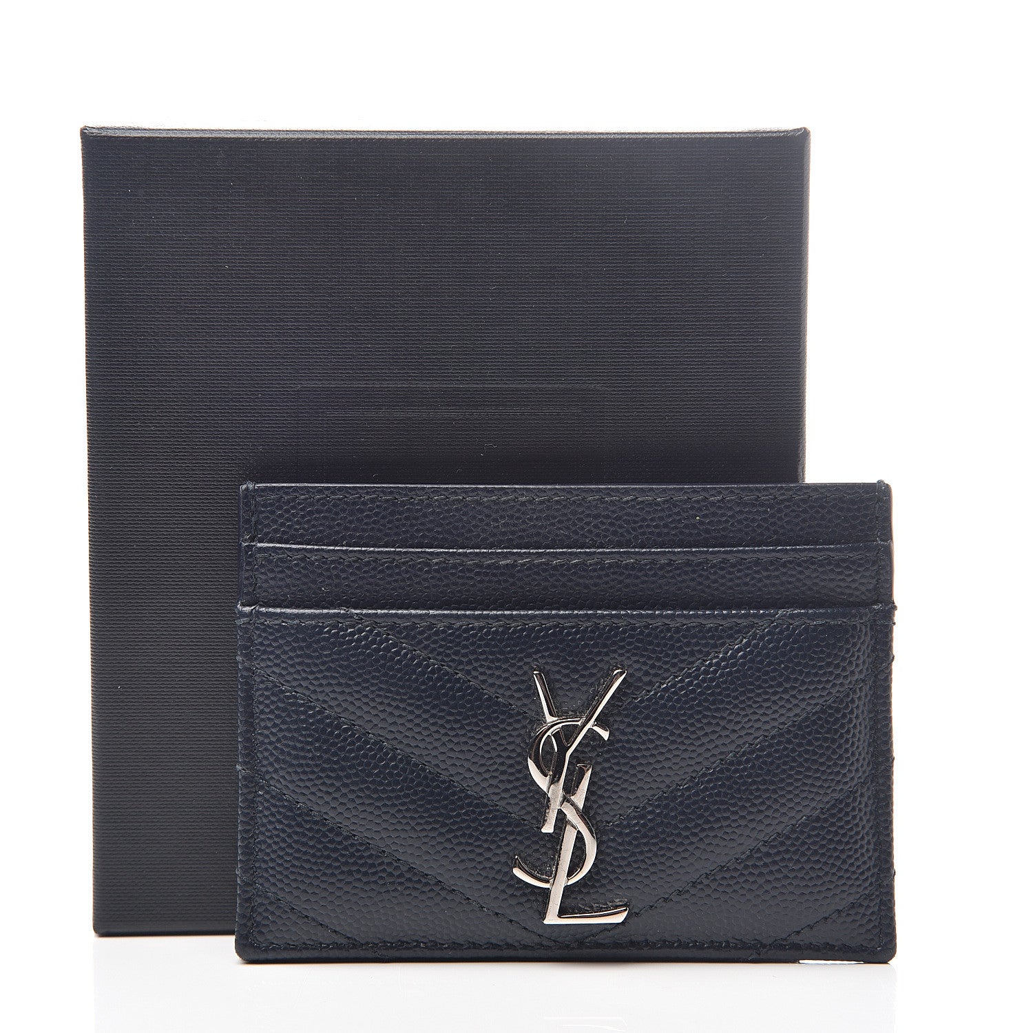 Saint Laurent Grain De Poudre Matelasse Monogram Chevron Credit Card Case Deep Marine 6 of 6