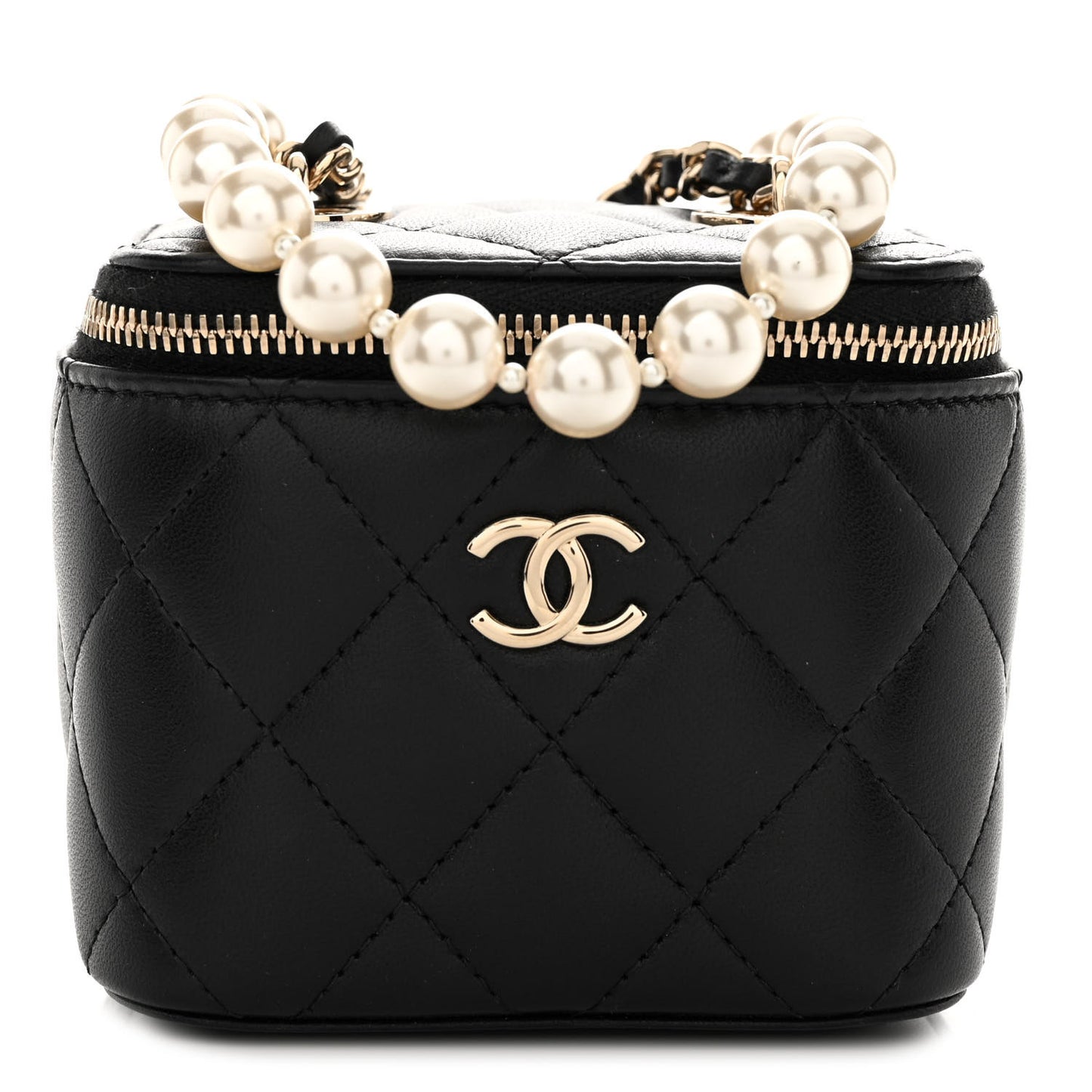 Lambskin Quilted Mini Vanity Case With Pearl Chain Black