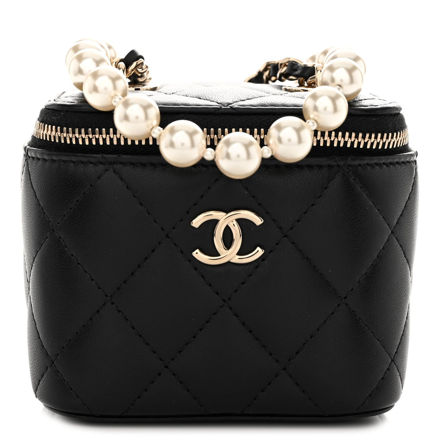 Chanel Lambskin Quilted Mini Vanity Case With Pearl Chain Black 1 of 10