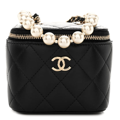 Chanel Lambskin Quilted Mini Vanity Case With Pearl Chain Black 1 of 10