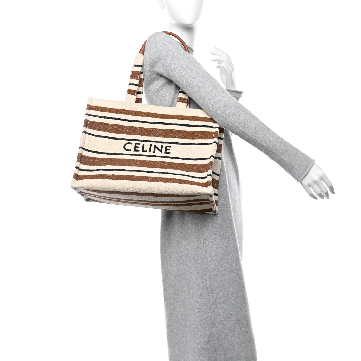 Celine Jacquard Striped Large Cabas Thais White Brown 2 of 11