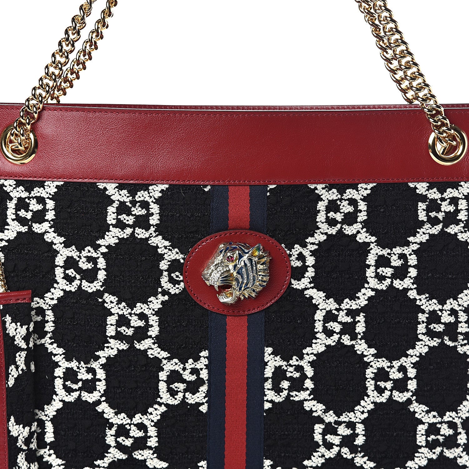 Gucci Tweed GG Monogram Large Rajah Chain Tote Romantic Cherry Black White 7 of 9