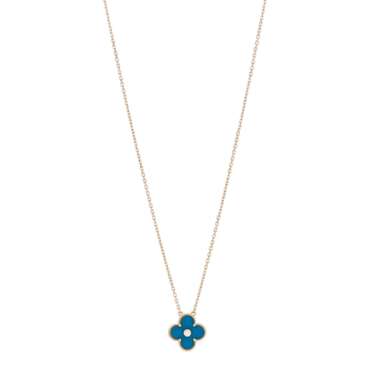 18K Yellow Gold Diamond Celestial Blue Sevres Porcelain Vintage Alhambra Pendant Necklace
