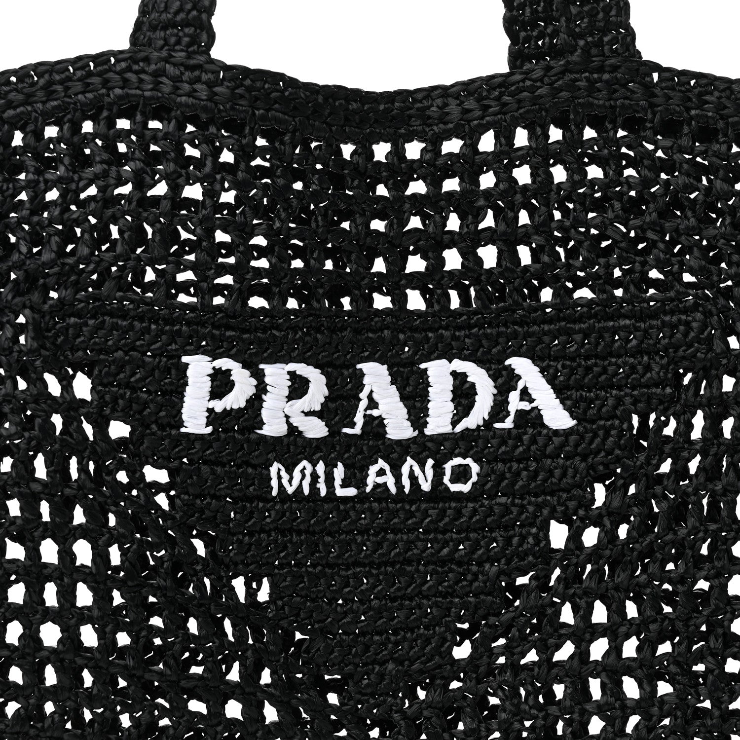 Prada Yarn Raffia Effect Crochet Logo Embroidered Tote Bag Black 8 of 12