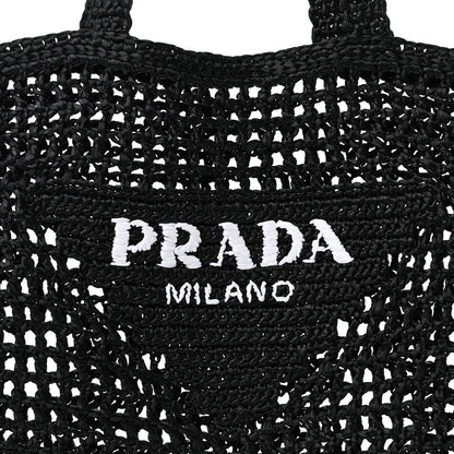 Prada Yarn Raffia Effect Crochet Logo Embroidered Tote Bag Black 8 of 12
